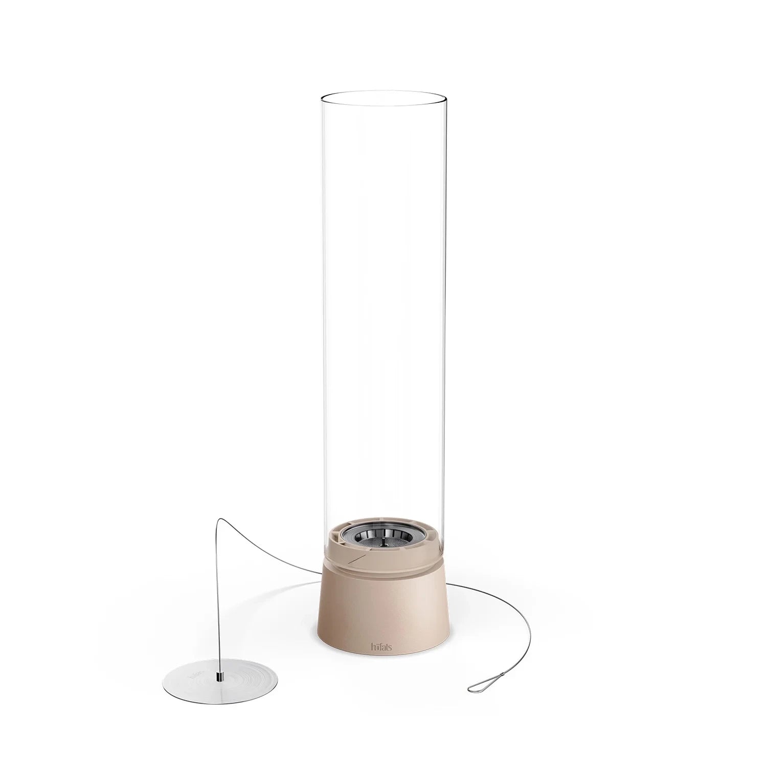 Höfats SPIN Air 1200 - Sand-colored tabletop bioethanol fireplace with tall cylindrical glass.