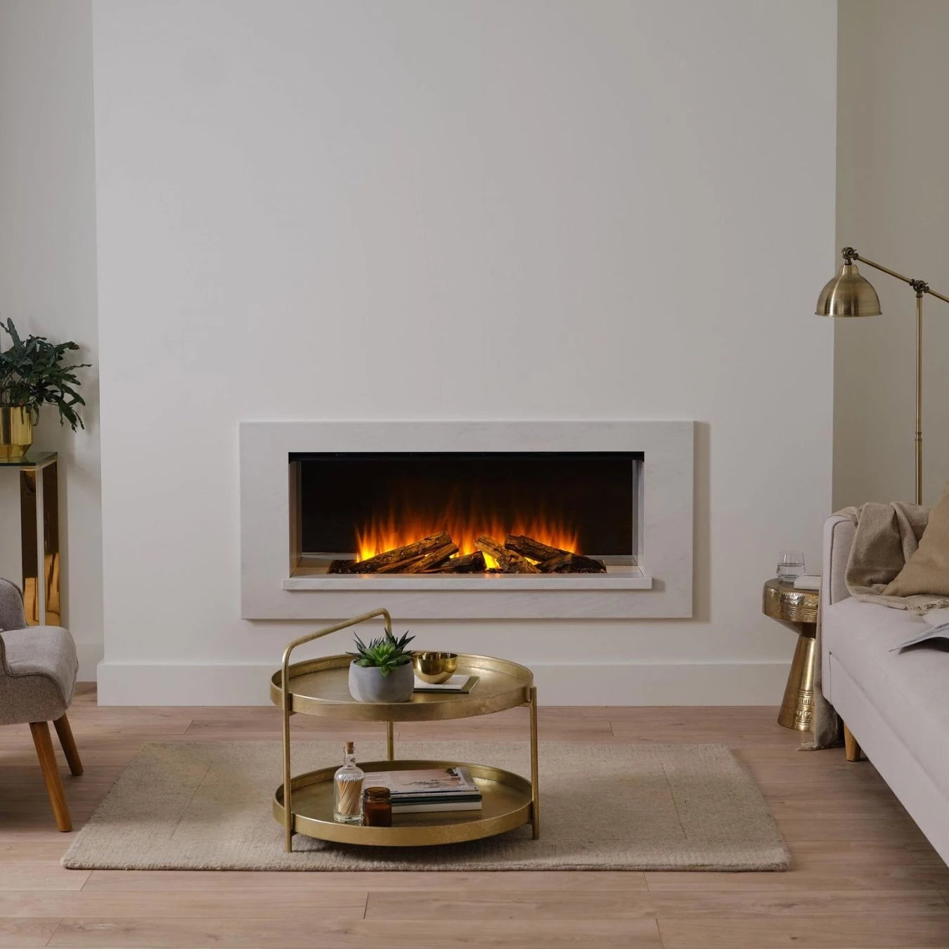 Holbury 870 White Marble front-open built-in electric fireplace suite with painted marble-effect MDF frame and realistic log fue