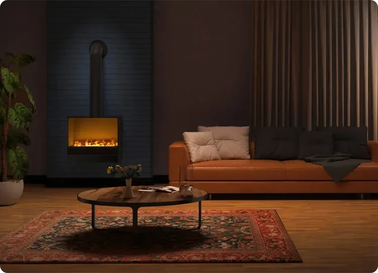 Chimenea de vapor de agua en una sala de estar con una chimenea decorativa