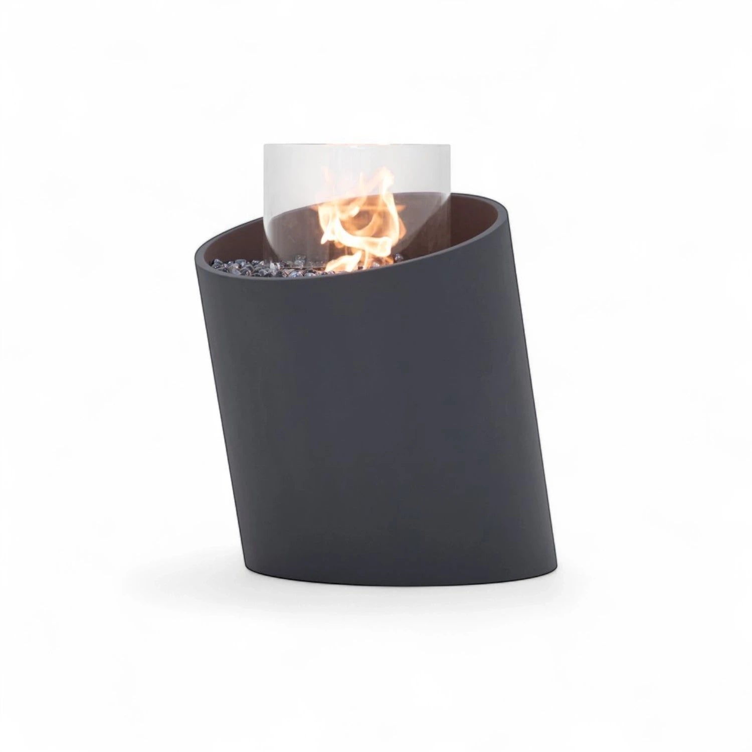 TORRE bioethanol fireplace M – black fiber concrete column with glass and blue stones