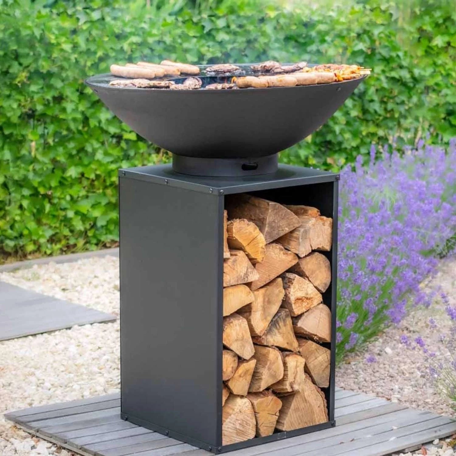 Cuenco de fuego Onyx con parrilla y almacenamiento para leña - Ø60
