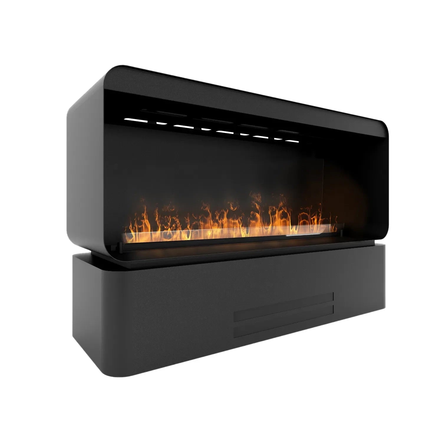 AI 1000 freestanding water vapour fireplace in black, featuring realistic water vapour flames