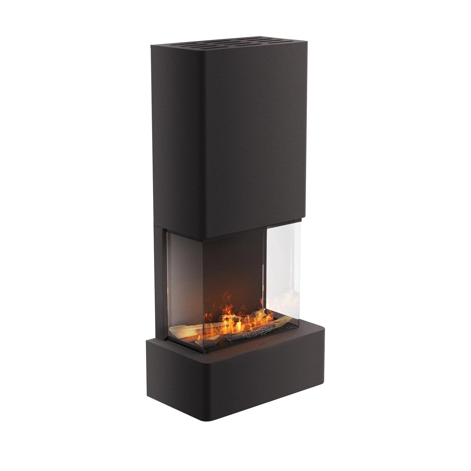 Aura freestanding water vapour fireplace in black, showcasing realistic water vapour flames.