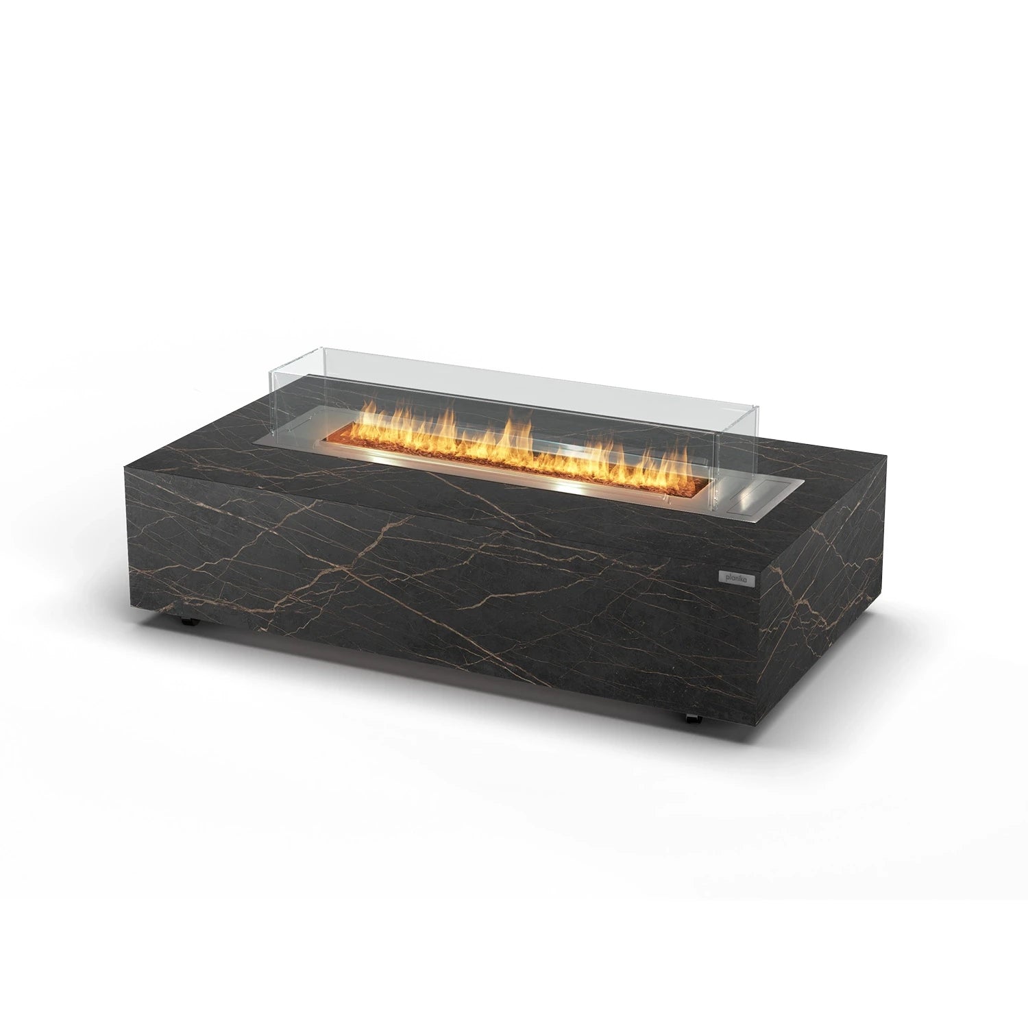 Planika Cabo bioethanol firaplace table with a frame of Cosentino dekton marble plates in Daze or Laurent finish