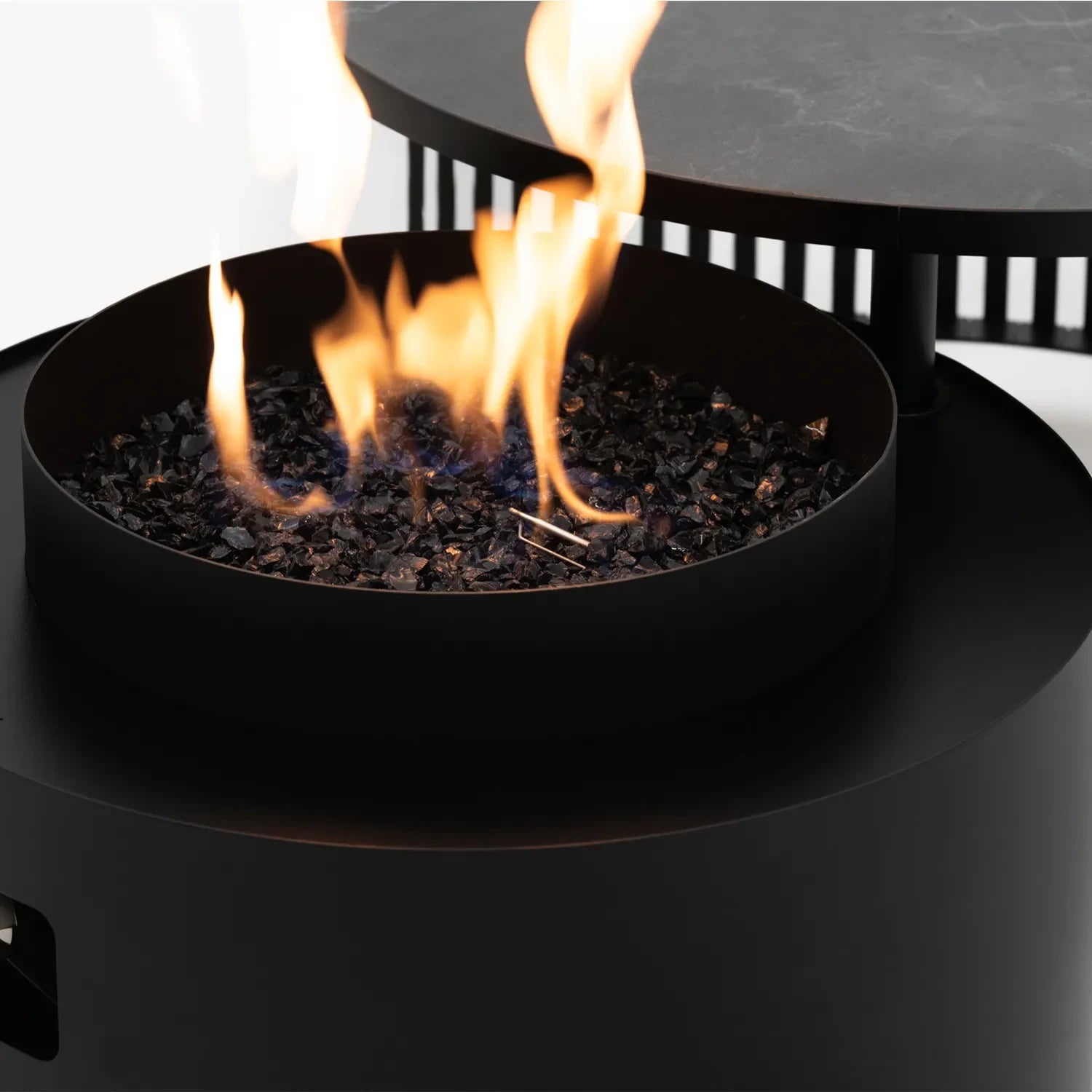 Planika Moon black freestanding outdoor gas fire table with ceramic marble finish tabletop
