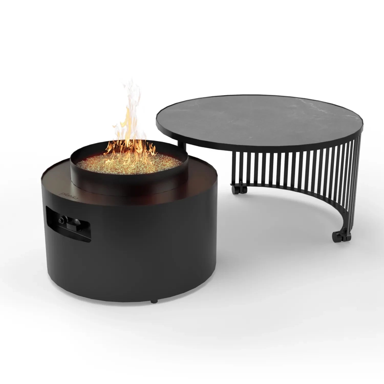 Planika Moon black freestanding outdoor gas fire table with ceramic marble finish tabletop