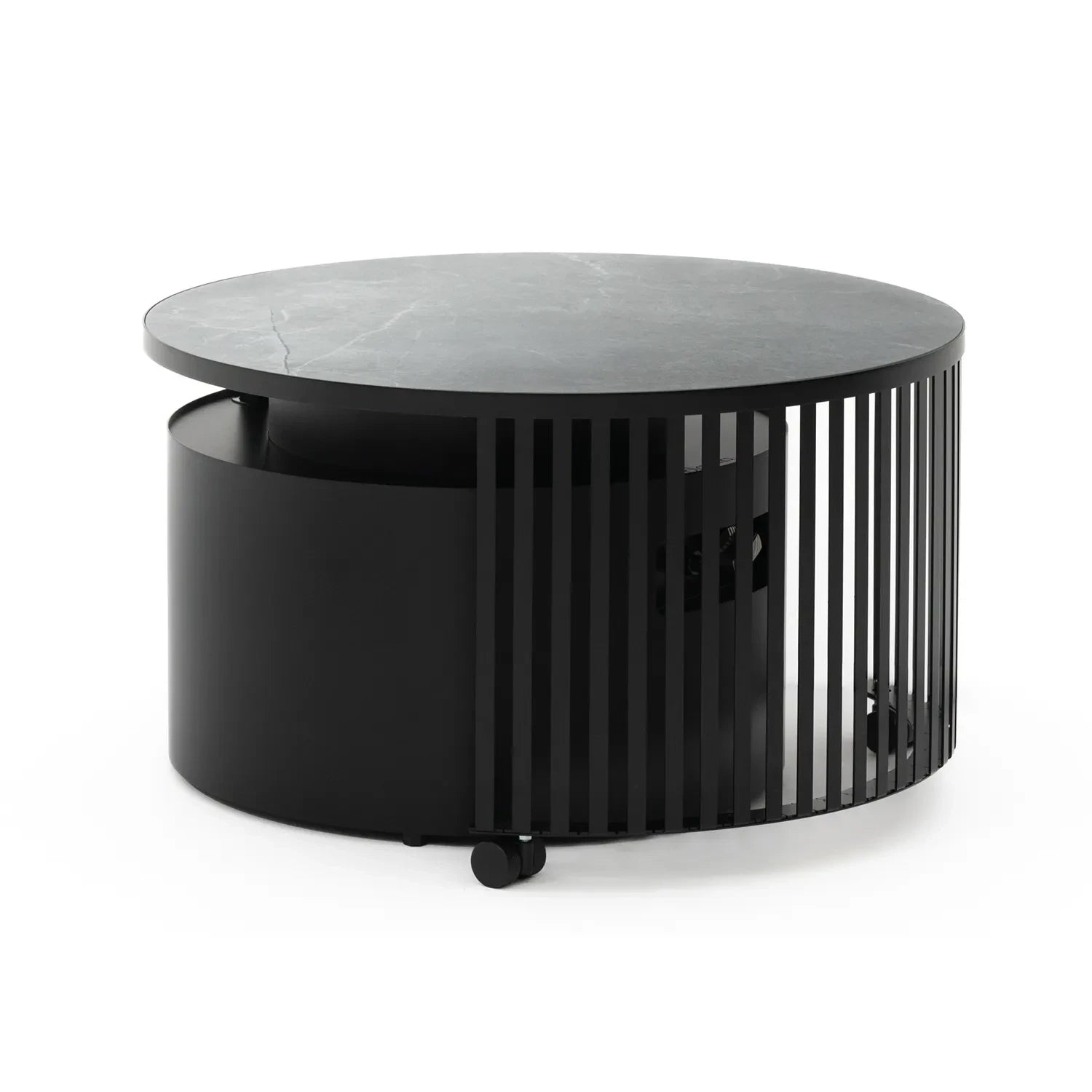 Planika Moon black freestanding outdoor gas fire table with ceramic marble finish tabletop