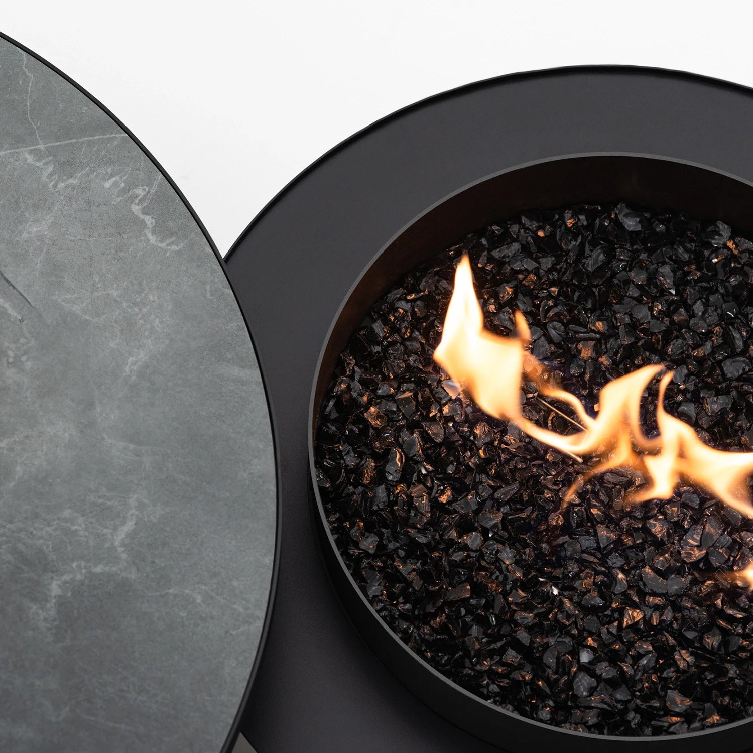 Planika Moon black freestanding outdoor gas fire table with ceramic marble finish tabletop