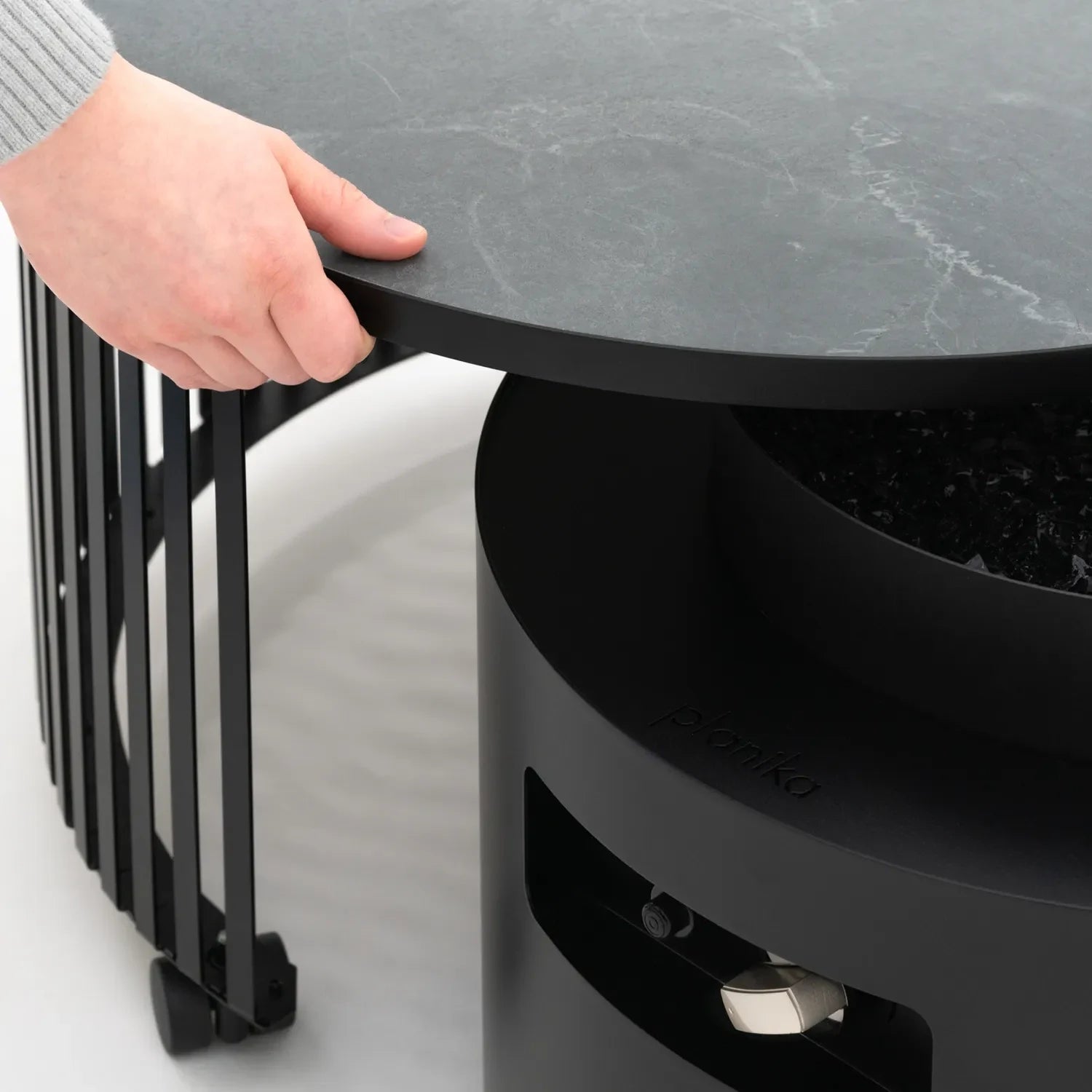 Planika Moon black freestanding outdoor gas fire table with ceramic marble finish tabletop