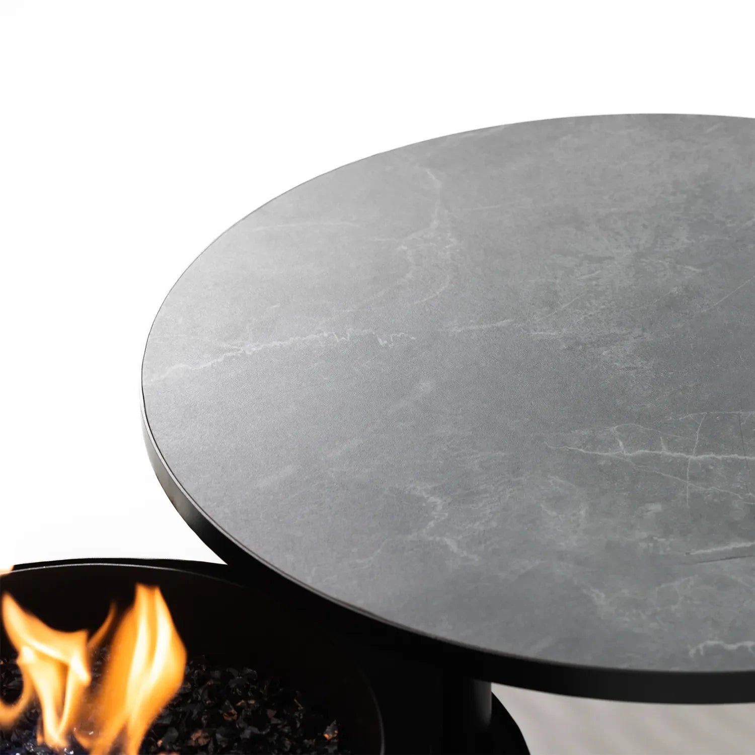 Planika Moon black freestanding outdoor gas fire table with ceramic marble finish tabletop