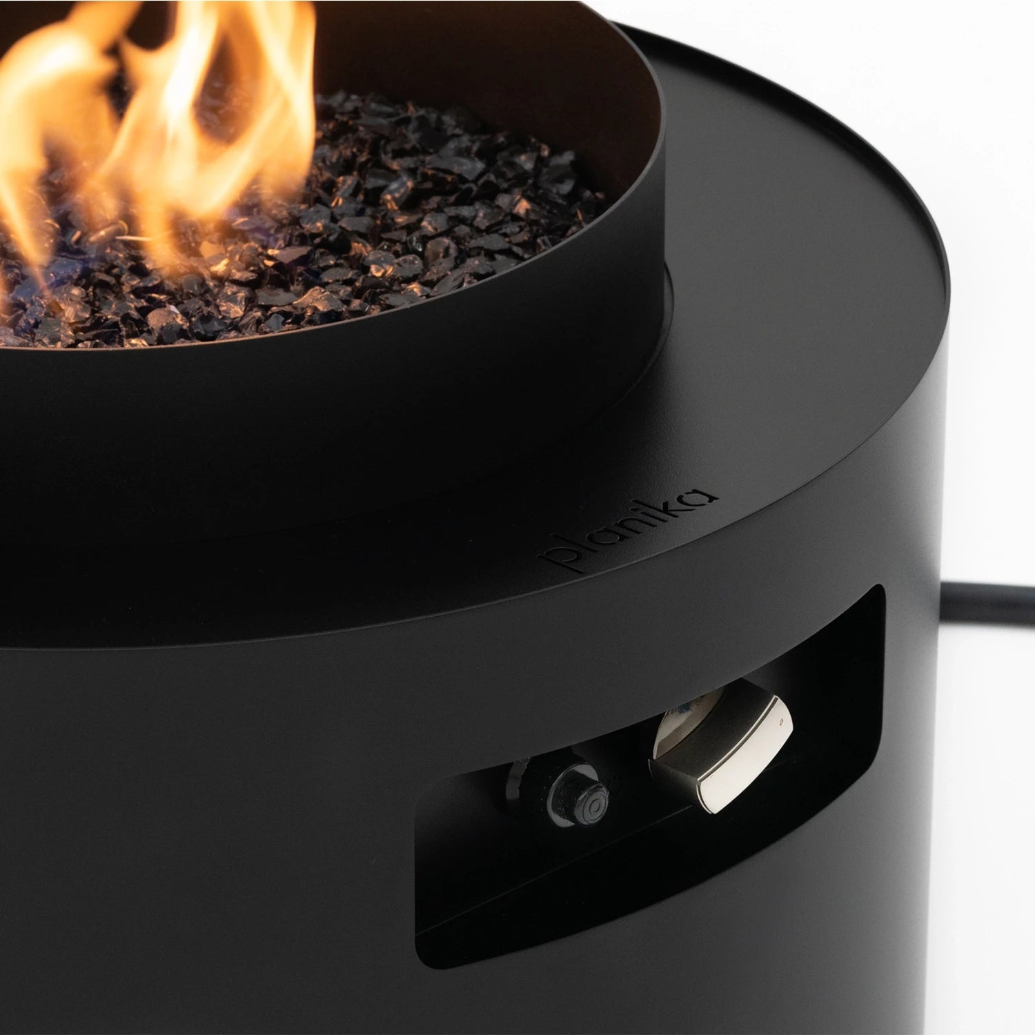 Planika Moon black freestanding outdoor gas fire table with ceramic marble finish tabletop