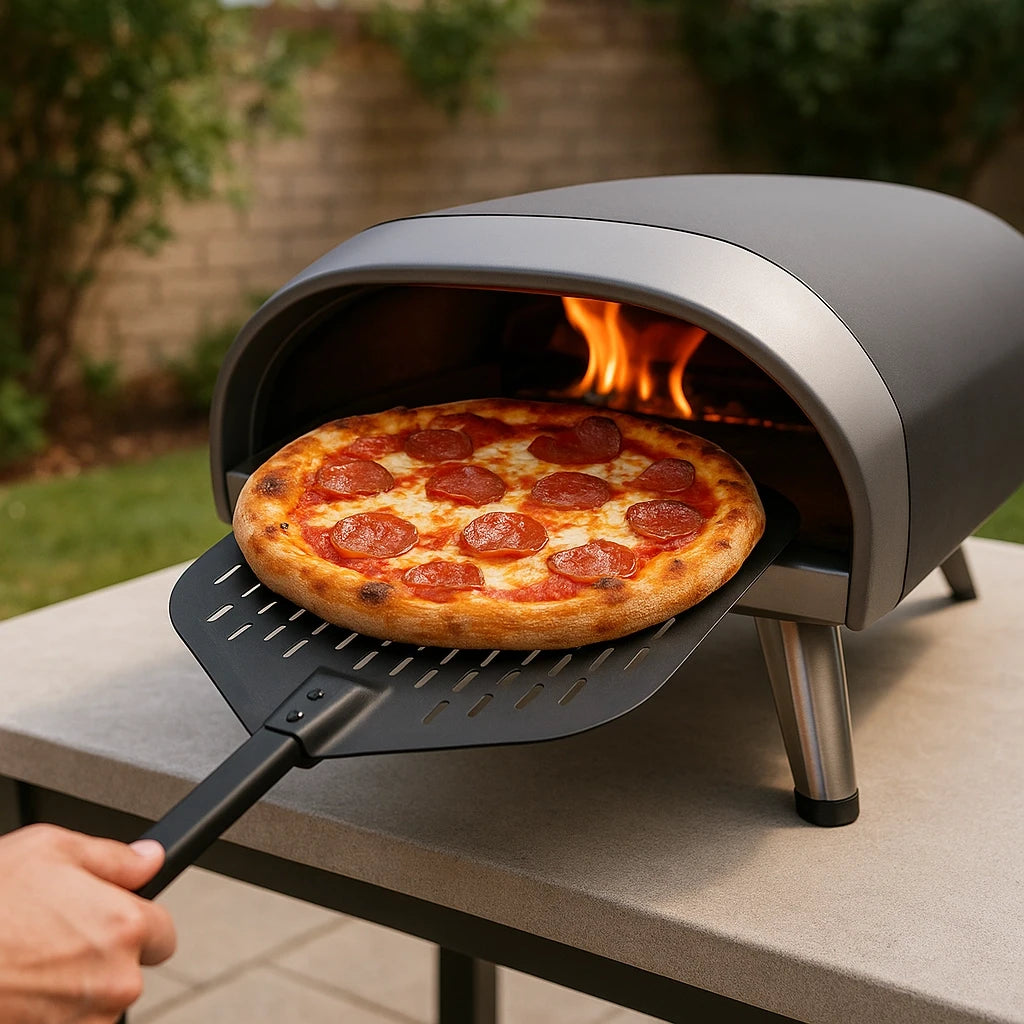 Black perforated aluminium pizza peel with detachable handle – 30 cm