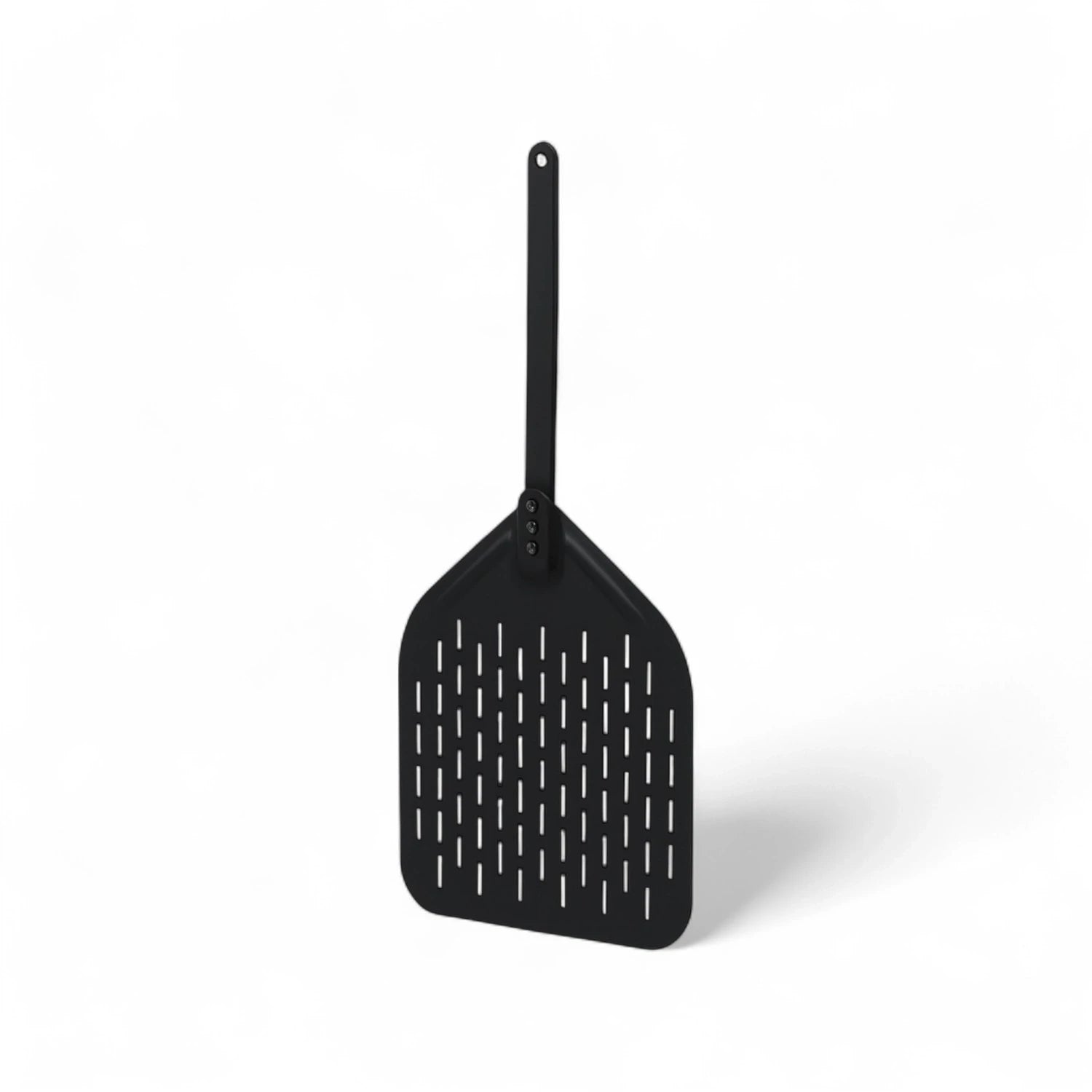 Black perforated aluminium pizza peel with detachable handle – 30 cm