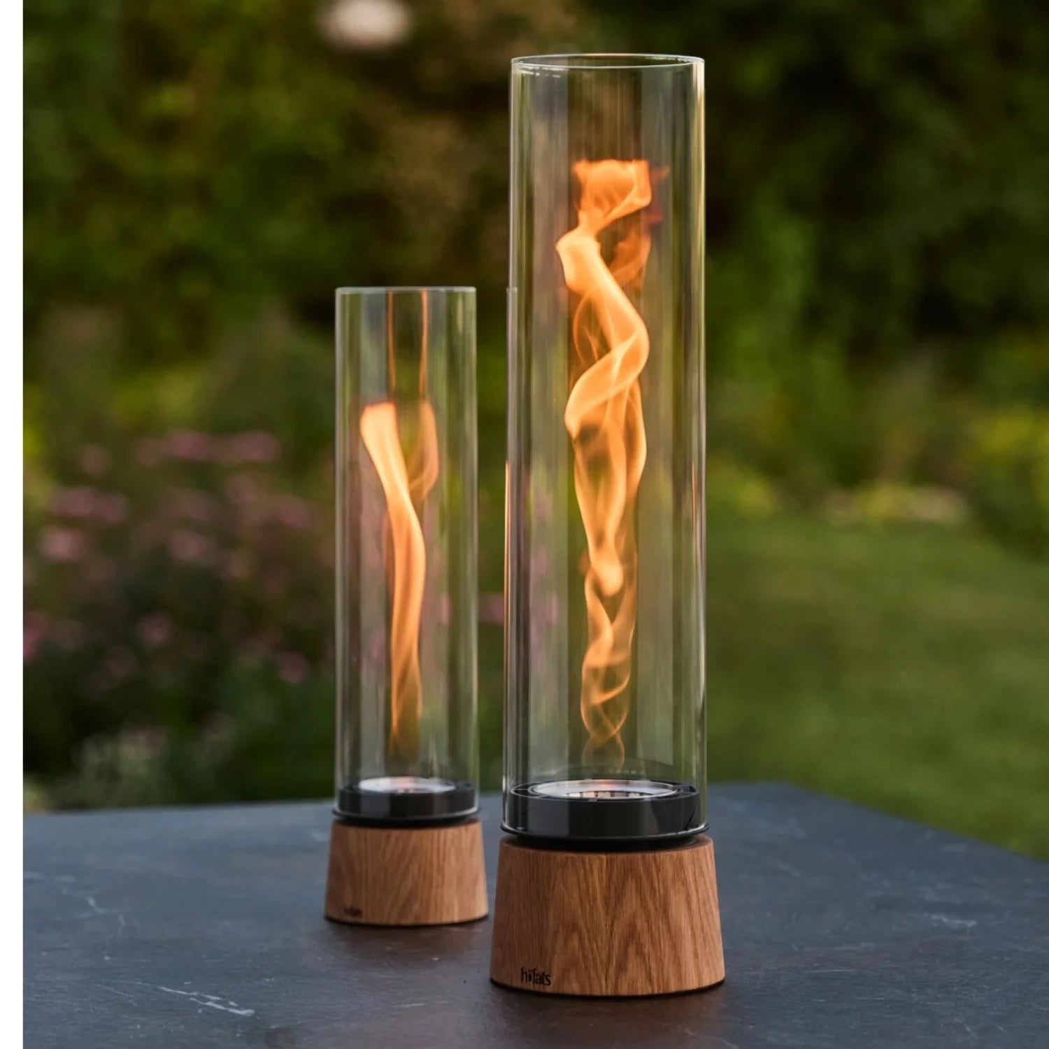 Höfats SPIN Air 900 Oak Wood Table Fireplace with Tall Cylindrical Glass