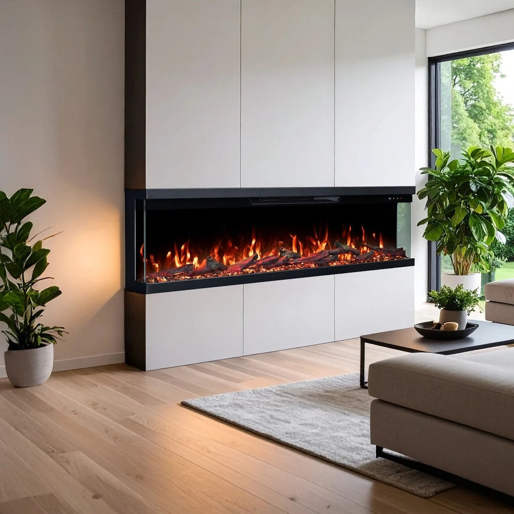 Chimenea eléctrica de tres lados en una sala de estar