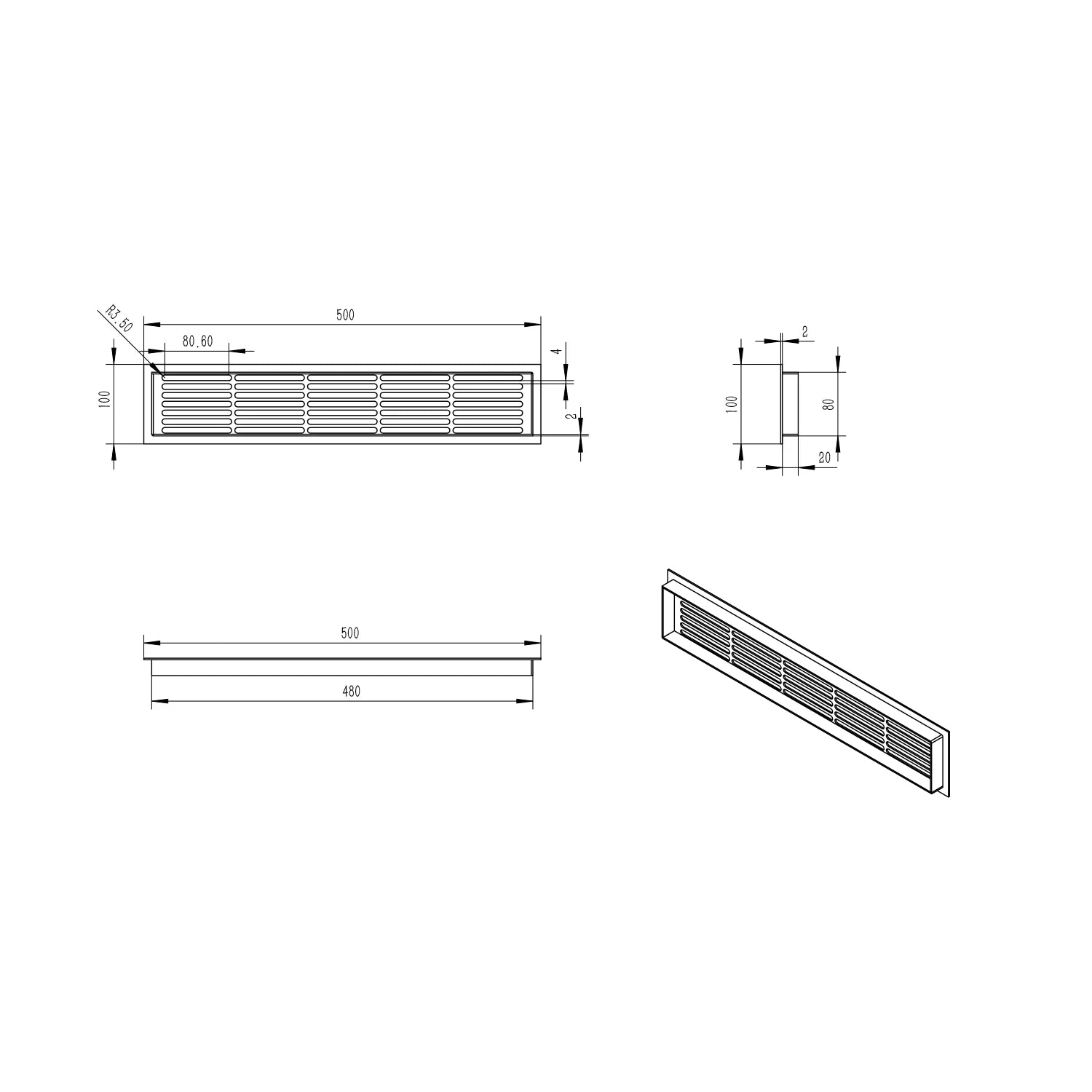Rejilla de ventilación blanca - 50x10 cm - 214 cm²