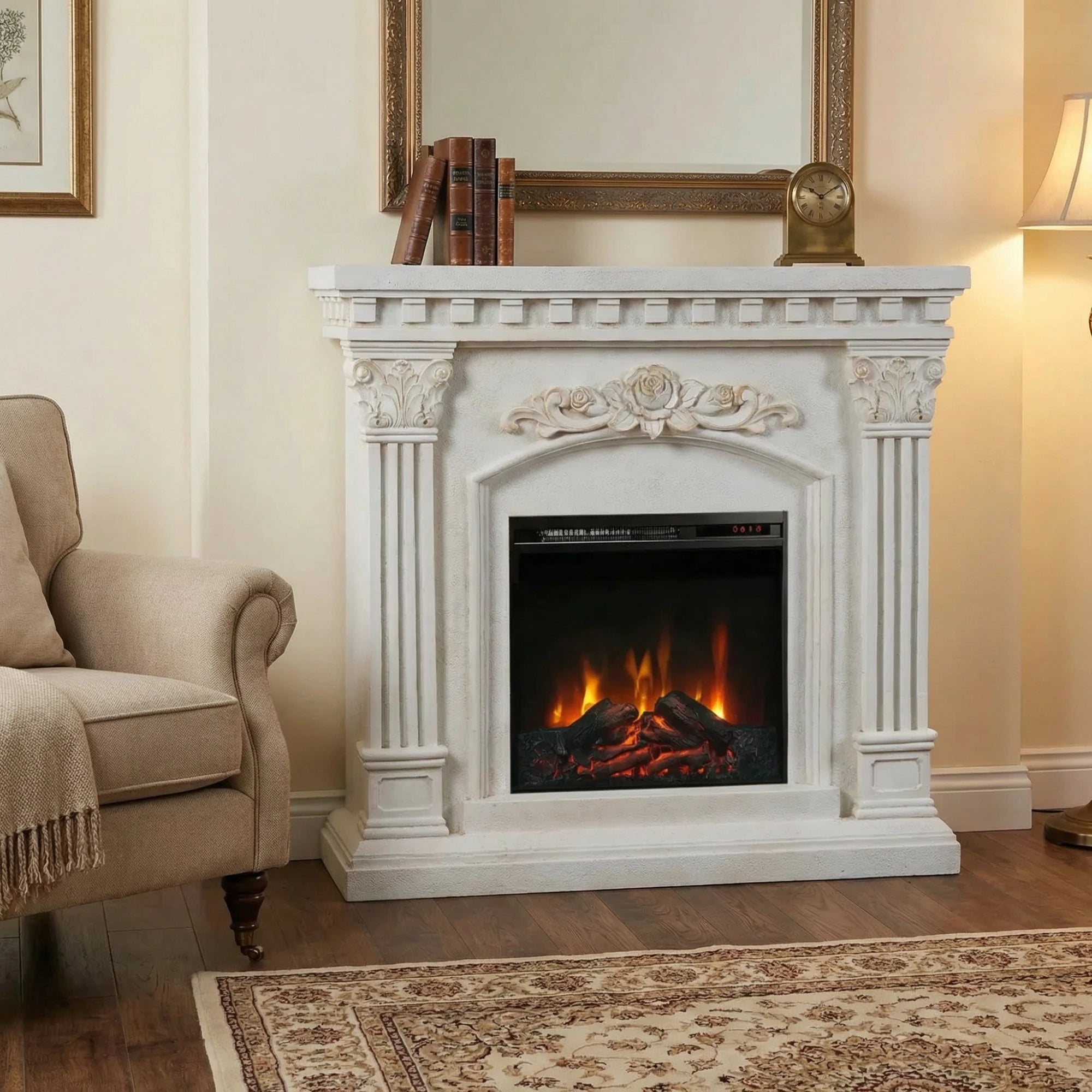 chimenea eléctrica con repisa blanca