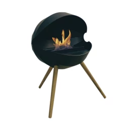 Chimenea de bioetanol circular independiente con tres patas de madera de roble