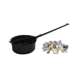 Olla para palomitas para fogata en negro, ideal para cocinar al aire libre.