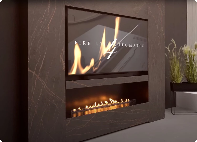 Nex Media Wall con black dekton y chimenea de bioetanol